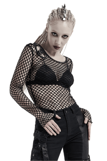 Trendy Punk Mesh Top in Black with Buckle Accents